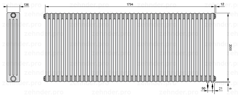Схема (чертеж) Радиатор Zehnder Charleston 4200/39 №5510 Белый глянцевый RAL 9016